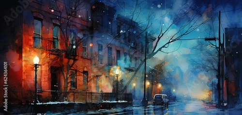 watercolor style illustration, old town city street during snow fall, wet cold and lonely feeling, Generative Ai