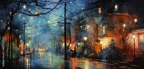 watercolor style illustration, old town city street during snow fall, wet cold and lonely feeling, Generative Ai