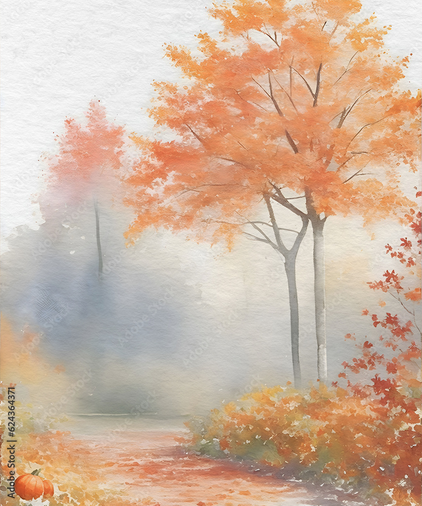 Watercolor Painting of a Path with Trees and a Pumpkin | A Charming Fall Scene
