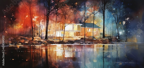 watercolor style illustration  warm and comfort modern house in Autumn woods  Generative Ai