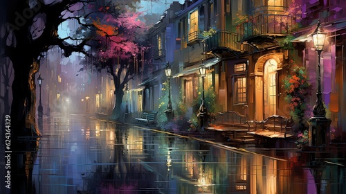 painting style illustration  beautiful restaurant un urban street side in after raining atmosphere  Generative Ai