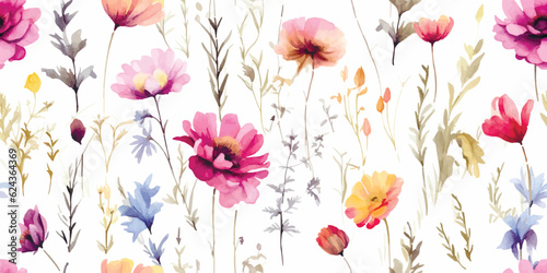 Floral seamless pattern with colored garden flowers and abstract plants, watercolor textile illustration on white background, summer delicate print