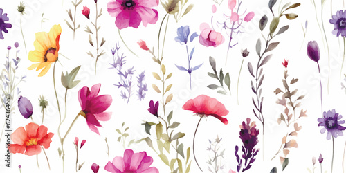 Floral seamless pattern with colored garden flowers and abstract plants, watercolor textile illustration on white background, summer delicate print © Eli Berr