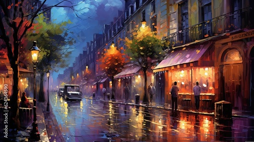 painting style illustration, beautiful restaurant un urban street side in after raining atmosphere, Generative Ai photo
