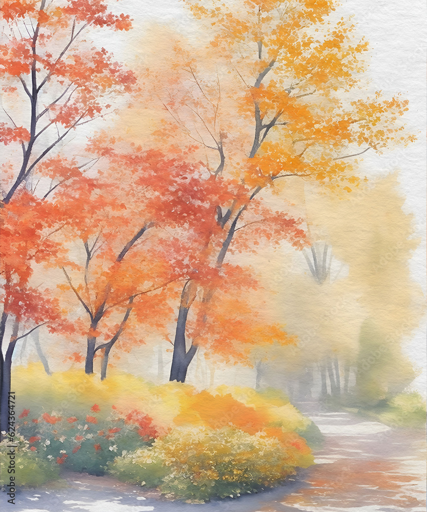 Watercolor Painting of Autumn Leaves in a Park