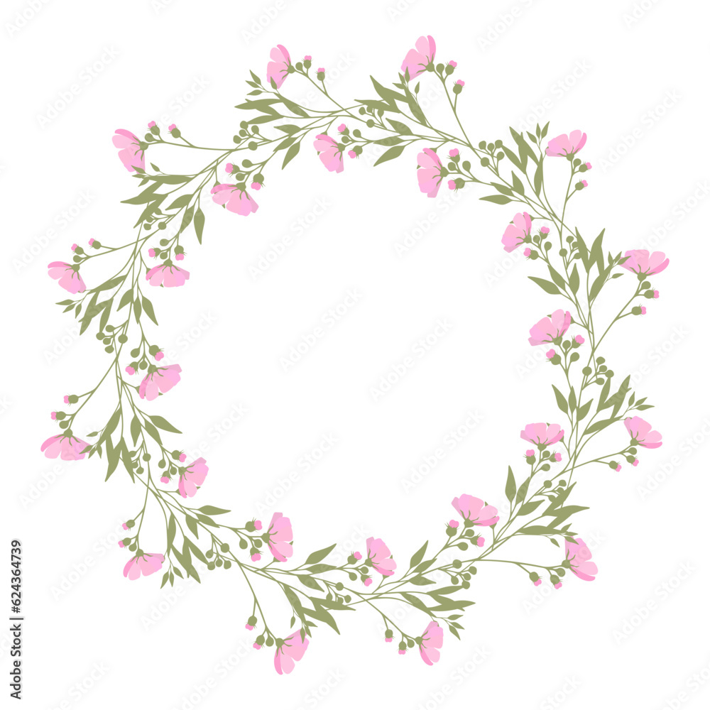 A wreath of delicate pink spring flowers. Perfect decor for postcards and posters and invitations.