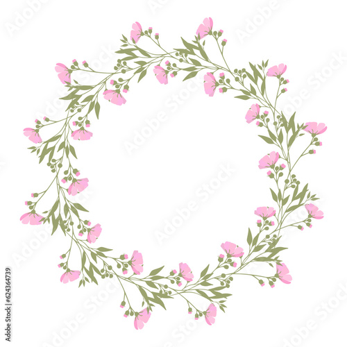 A wreath of delicate pink spring flowers. Perfect decor for postcards and posters and invitations.