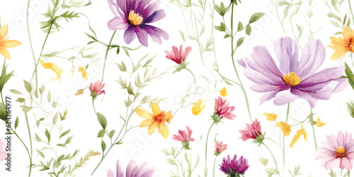 Floral seamless pattern with colorful flowers cosmos, coreopsis, bells, lavender and green leaves on branches. Delicate watercolor illustration on white background for textile or wallpapers