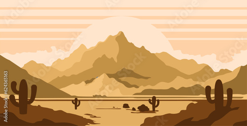 Wild west vector background, western desert landscape, mountains, hills. Environment game illustration, dry land, sand dune, green cactus. West view 