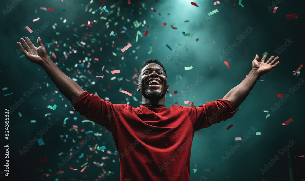 Cheerful african american young man dancing celebrating.  Winner celebrates. Great success. Excited black man with happy facial expression.