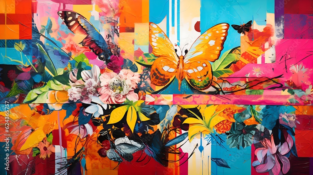 Colorful background with butterflies. Collage style. Generative AI. Colorful background with butterflies. Collage style. Generative AI.