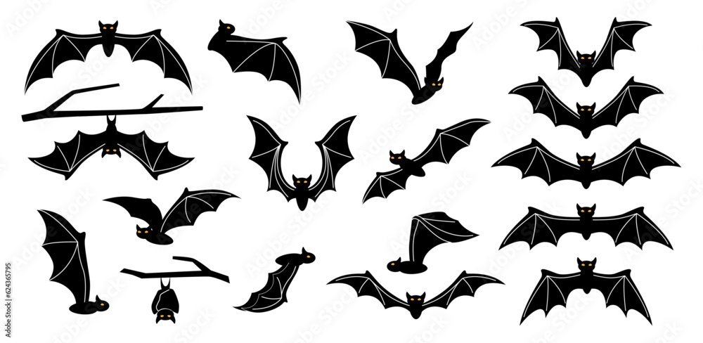 Halloween holiday bat silhouette set isolated on white. Spooky black horror bat graphic. Vector illustration of creepy flying mouse bats, set of bat-mouses on tree branches