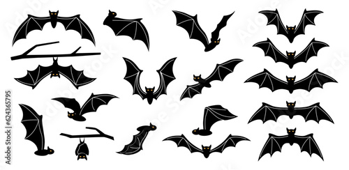 Halloween holiday bat silhouette set isolated on white. Spooky black horror bat graphic. Vector illustration of creepy flying mouse bats, set of bat-mouses on tree branches
