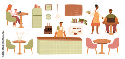 Cafe interior. Visitors, furniture for restaurant flat cartoon icons set. Vector illustration of men and women eating and drinking, people in coffee house interior, bar counter, waiter and customers