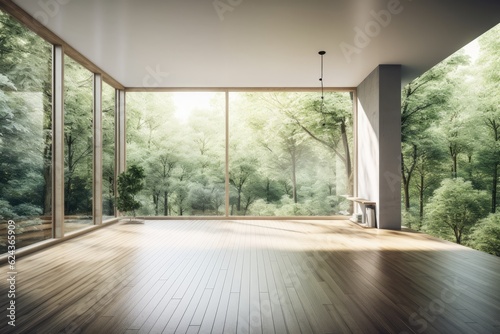 Stylish  open interior space with a parquet floor and a view of the forest. green  decorative  mockup  and backdrop. Generative AI