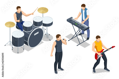 Isometric music band group perform on a concert stage. Drummer playing drums, rock star guitarist playing electric guitar, Rock band vocalist © Golden Sikorka