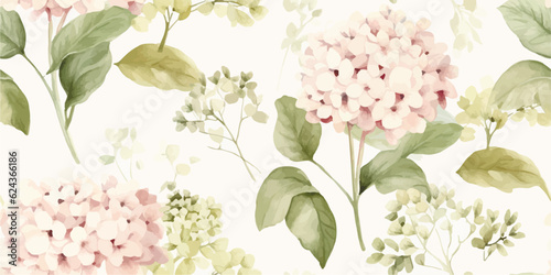 Floral seamless pattern with delicate hydrangea and green branches, watercolor illustration on ivory background, print for textile or wallpapers in provence style