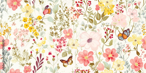 Floral seamless pattern with flowers and butterflies. Flowers meadow. Vector illustration in vintage style