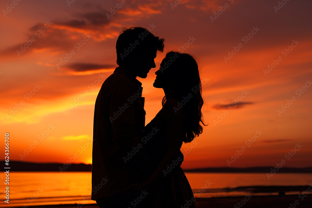 Silhouette of loving hugging couple, flirting man and woman together on the beach by the sea at sunset, side view