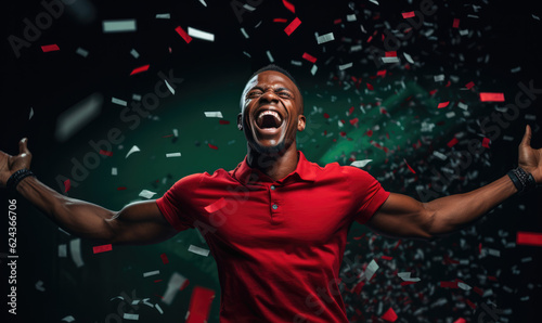 Cheerful african american young man dancing celebrating. Winner celebrates. Great success. Excited black man with happy facial expression. © STORYTELLER