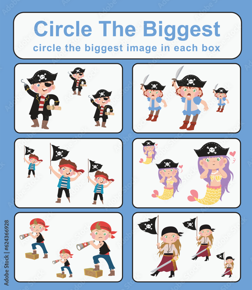 Educational game for children. Circle the biggest object in each box. Printable activity page for kids. Kawaii pirate characters. Vector file. Educational game for children. Circle the biggest object in each box. Printable activity page for kids. Kawaii pirate characters. Vector file.