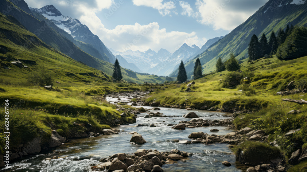 Beautiful mountain landscape with a small river in it. Generative AI