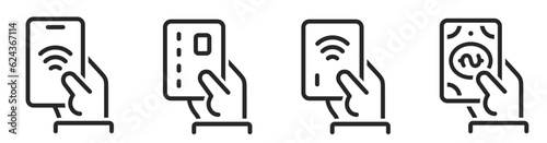 Payment options icons set. NFC payment with mobile phone, debit-credit card, NFC payment and cash. Pay symbol line icon set - stock vector.