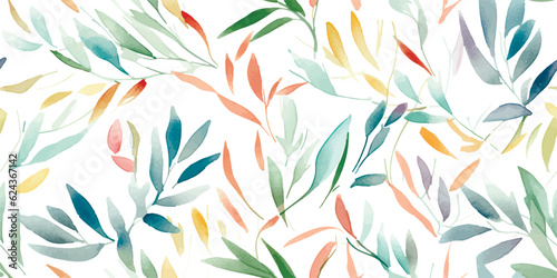 Foliage seamless pattern of colorful branches with leaves, watercolor floral illustration on white background