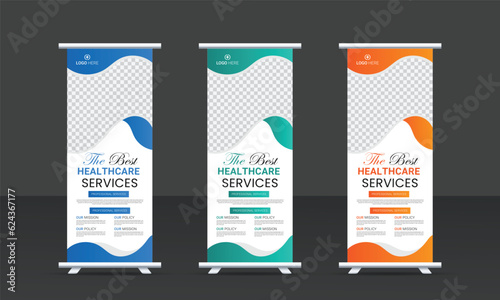 Professional health care and medical roll up design, standee and banner template decoration for exhibition, printing, presentation and flyer design