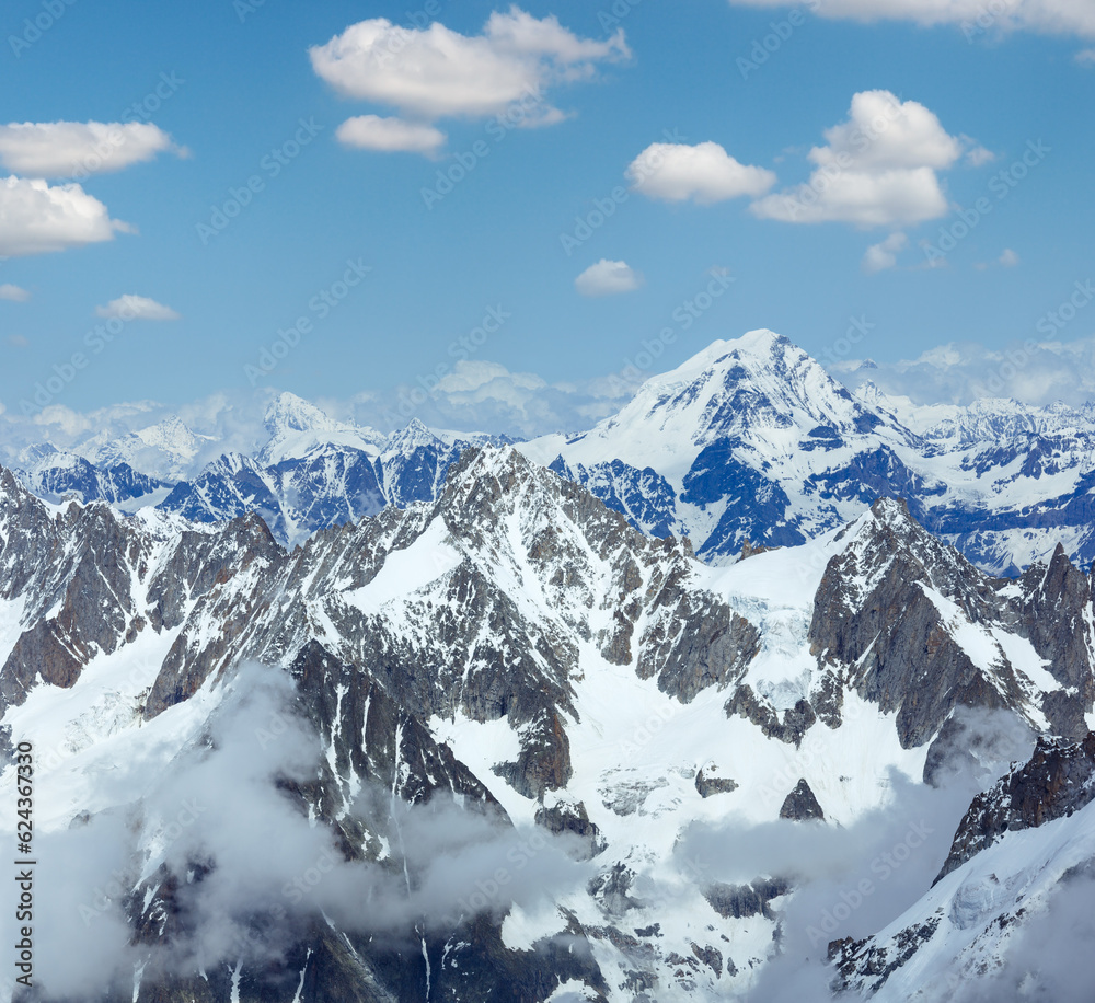 Mont Blanc mountain massif summer landscape (view from Aiguille du Midi Mount,  France )