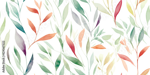 Foliage seamless pattern of colorful branches with leaves, watercolor floral illustration on white background