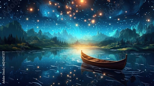 art illustration, dreamy atmosphere boat under galaxy sky, Generative Ai © Seek and Find