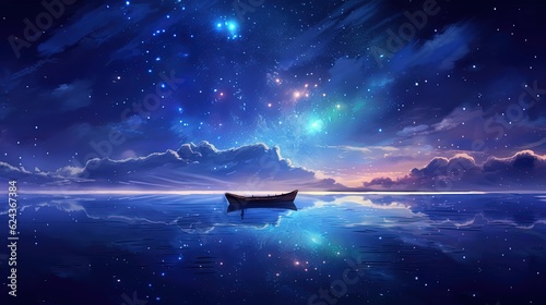art illustration, dreamy atmosphere boat under galaxy sky, Generative Ai
