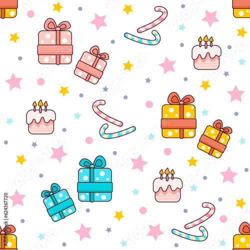 Bright vector festive seamless pattern with gift boxes  birthday cakes and candy canes. Suitable for gift wrapping  fabric  textiles  wrappers  etc.
