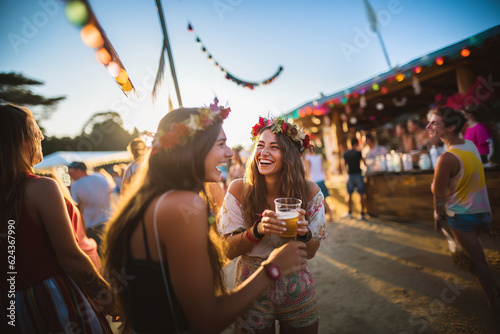 Two young woman drinking beer and having fun at Beach party together. photo