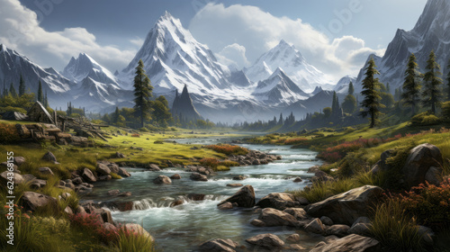 Beautiful mountain landscape with a small river in it. Generative AI