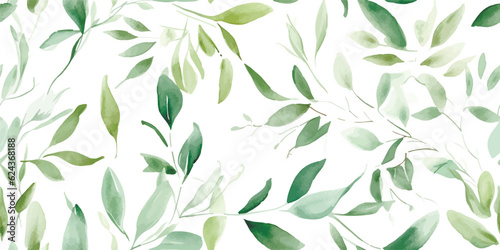 Hand painted foliage pattern, seamless floral print with green leaves, watercolor illustration isolated on white background for your wallpapers, textile or cover