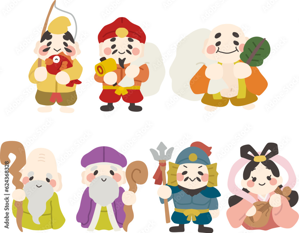 Naklejka premium 可愛くデフォルメした七福神のカラーイラストセット