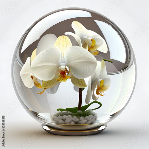 Obraz na płótnie A white orchid in a glass ball on a plain white background w salonie