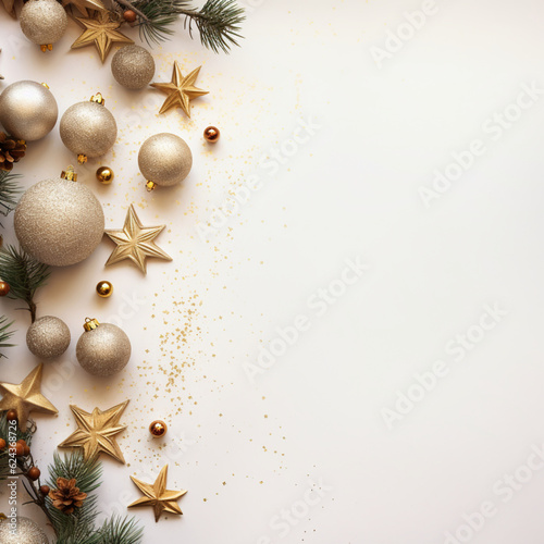 Beautiful light background for a Christmas card with golden New Year balls and golden stars and fir branches, top view, light colors, Al Generation
