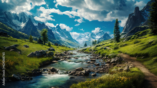 Beautiful mountain landscape with a small river in it. Generative AI © senadesign