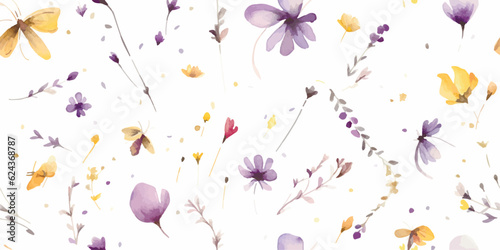 Minimalistic floral pattern with small flowers, petals, flying butterfly and dragonfly, wildlife watercolor print, seamless pattern purple and yellow colors, delicate illustration on white background