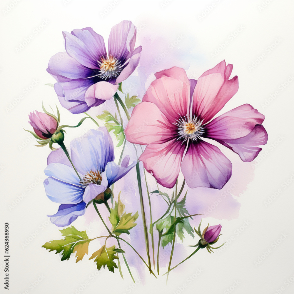 delicate flowers on a white background, watercolor purple pink, Al Generation