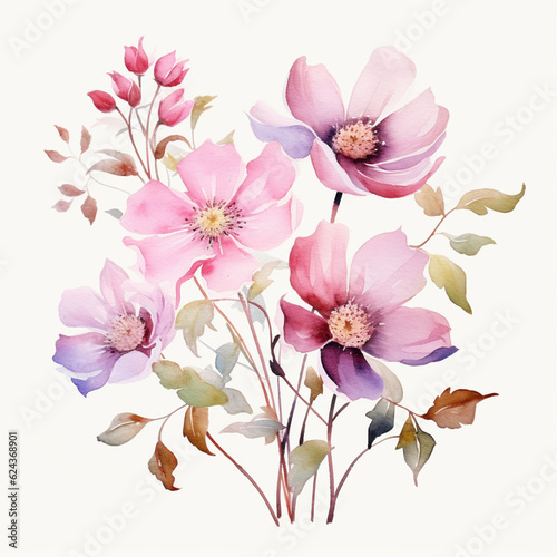 watercolor wildflowers pink and purple on a white background, Al Generation