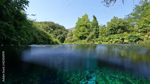 Underwater Shot of Blue Eye in Albania. Summer Day Scene of Water Spring called Syri i Kaltër in Muzinë. 