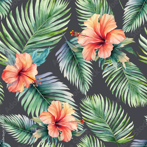 Watercolor pattern with exotic flowers. Seamless vector botanical pattern. Tropical dark background. © Hanna ArtLab