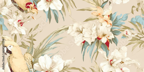 Parrot Cockatoo with flowers Orchid, Fleur de lis and leaves. Vector seamless pattern, tropical illustration in vintage style on beige background