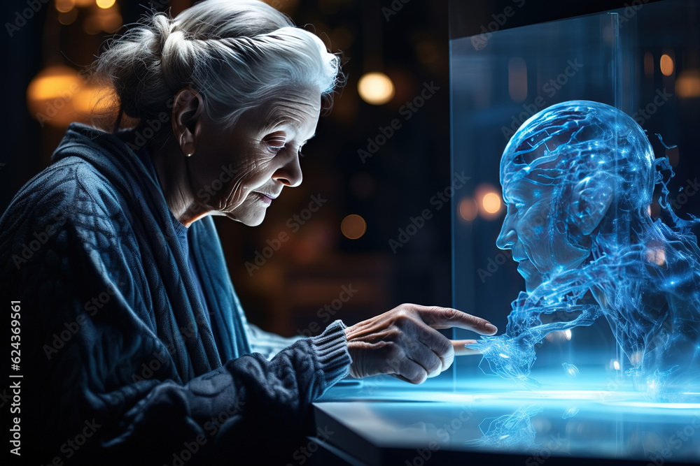 Fototapeta premium Old woman show virtual graphic Global Internet connect Chat with AI, Artificial Intelligence. Futuristic technology transformation.