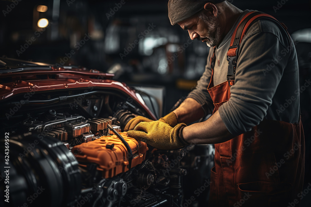 A mechanic in overalls working near the automobile A mechanic in overalls working near the automobile