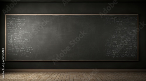 A blackboard in a room with a wooden floor. Generative AI.